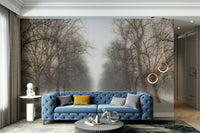 A peaceful park landscape mural on decorative wallpaper.

