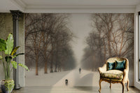 A graceful subtle tree wall mural in cool, natural tones.

