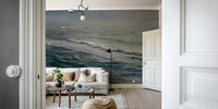 A minimalist home office with the ocean-themed wallpaper.

