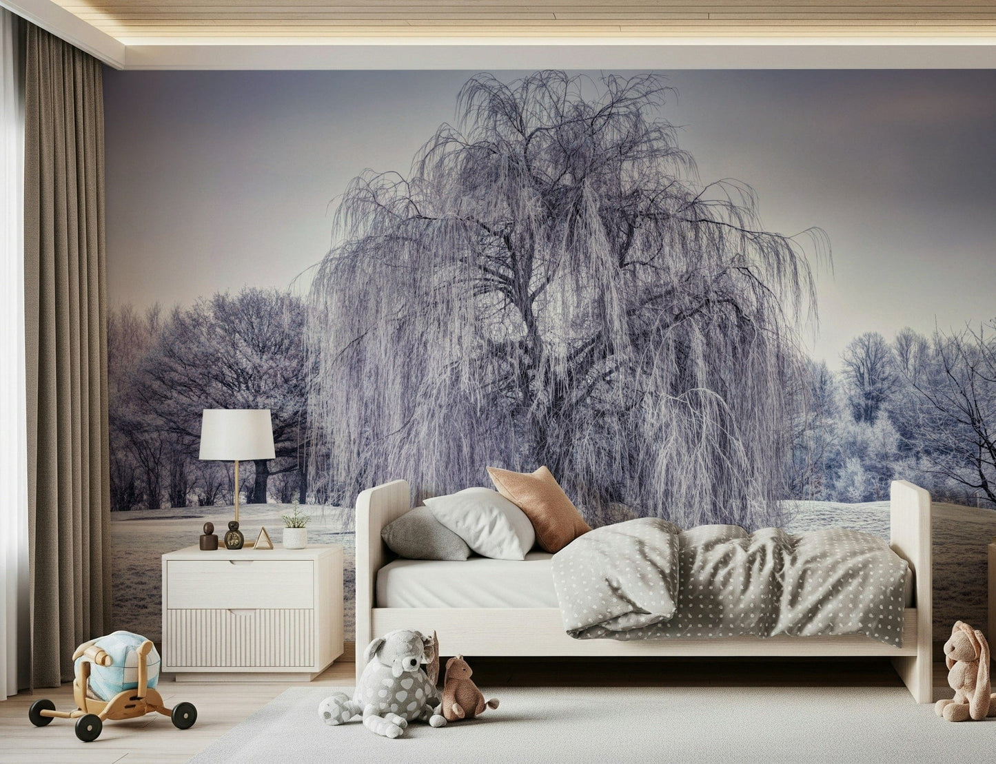 Dramatic Winter Weeping Tree mural, solitary tree standing proud.