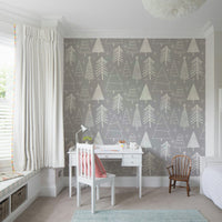 A gentle gray wallpaper featuring playful sketched evergreens and star shapes.