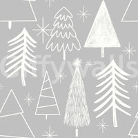 A serene snowy forest wallpaper pattern with sketchy white trees on a gray canvas.