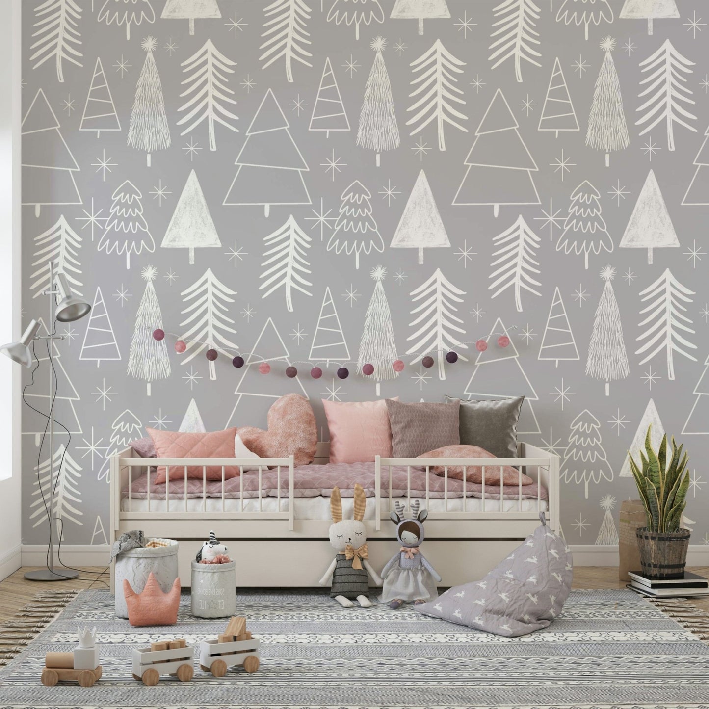 White doodle-style winter trees scattered across a soft gray wallpaper for a subtle festive feel.