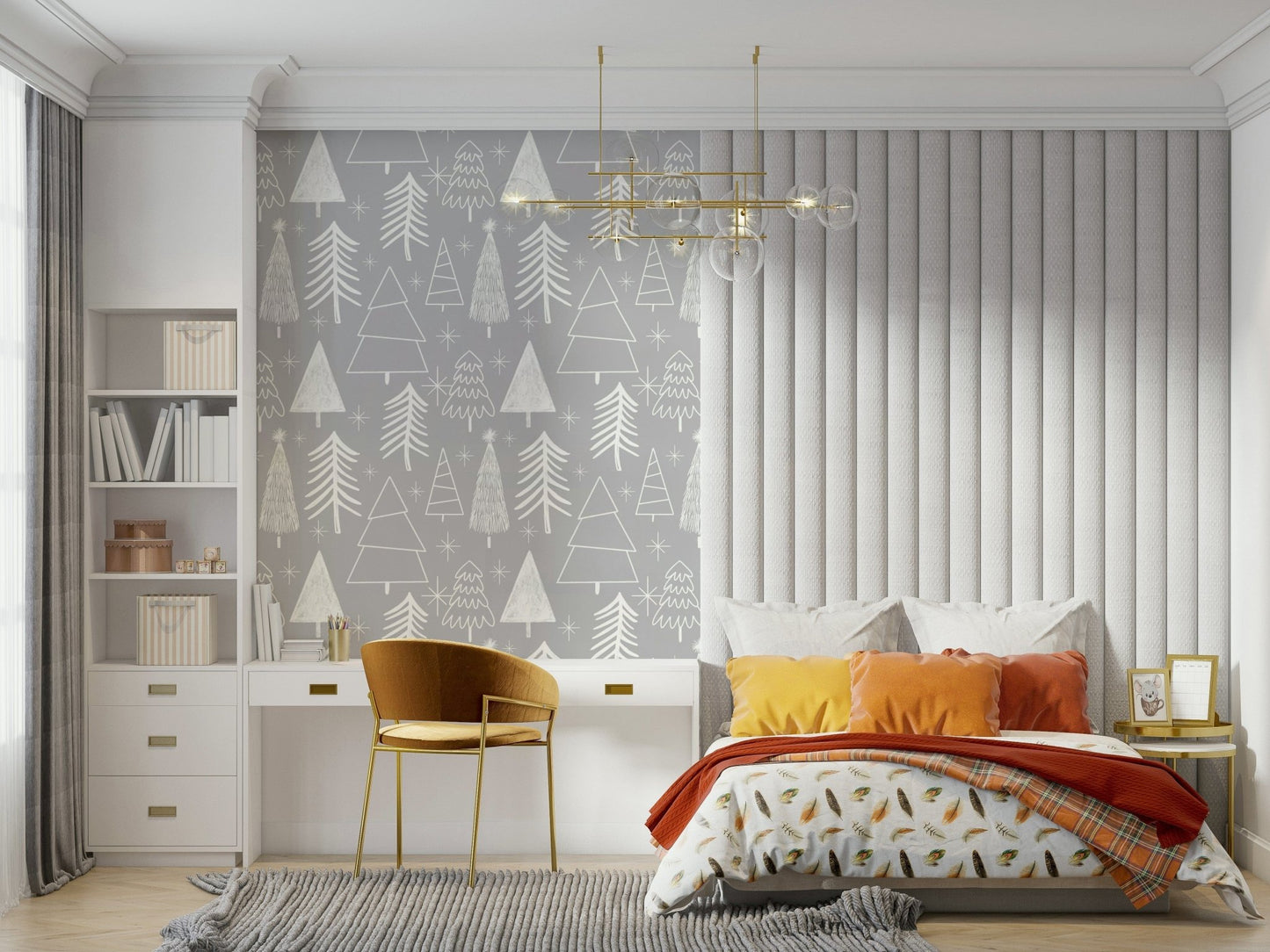 Stylized winter trees arranged evenly across a light gray wallpaper for a calm seasonal vibe.