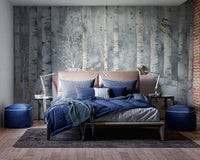 Nordic birch tree wallpaper with cute animal illustrations
