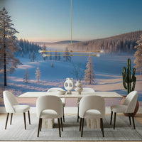 Winter’s Calm Whisper Wall Mural in hallway entry, light color tones, peaceful scenic wallpaper