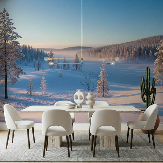 Winter’s Calm Whisper Wall Mural in hallway entry, light color tones, peaceful scenic wallpaper