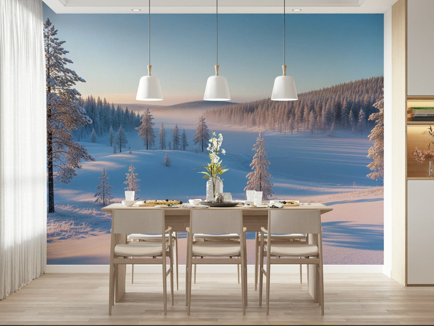 Snow-covered trees mural for nursery or guest room, gentle color shading, cozy wall decor