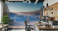Winter scene wall mural behind console table, minimal modern interior, soft color background
