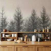 Winter wall mural in meeting room, muted greys, modern styling, uncluttered look