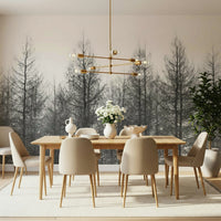 Winter mural in nursery, gentle whites and cool blues, quiet background for play space