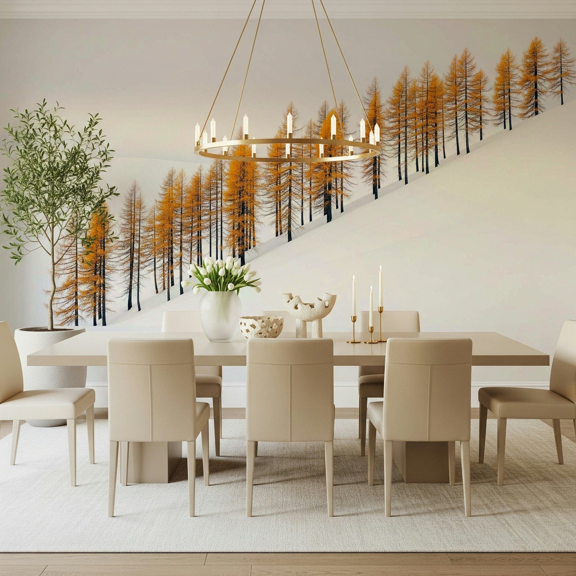 Subtle gold winter pattern mural behind TV wall, apartment living space