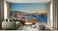 Frosted pine trees and cabin wallpaper in apartment lounge, calm modern wall decor