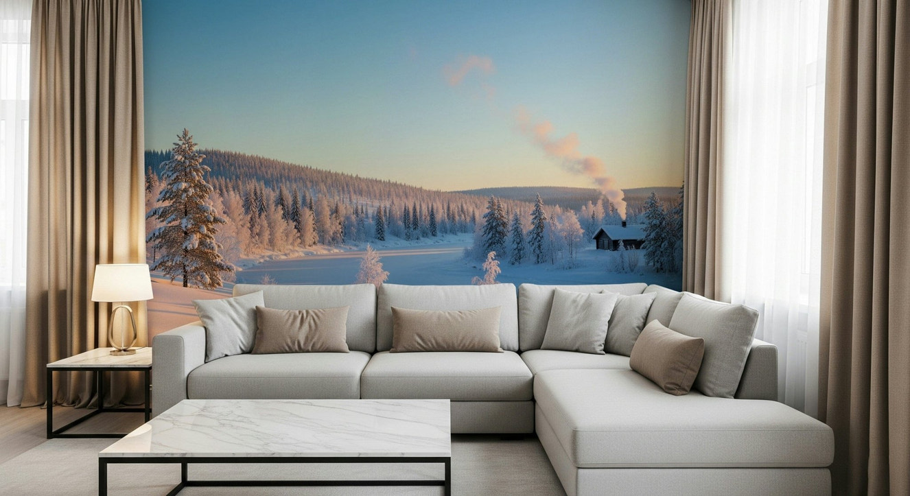 Snowy cabin wall mural in modern living room, soft blue-white color scene