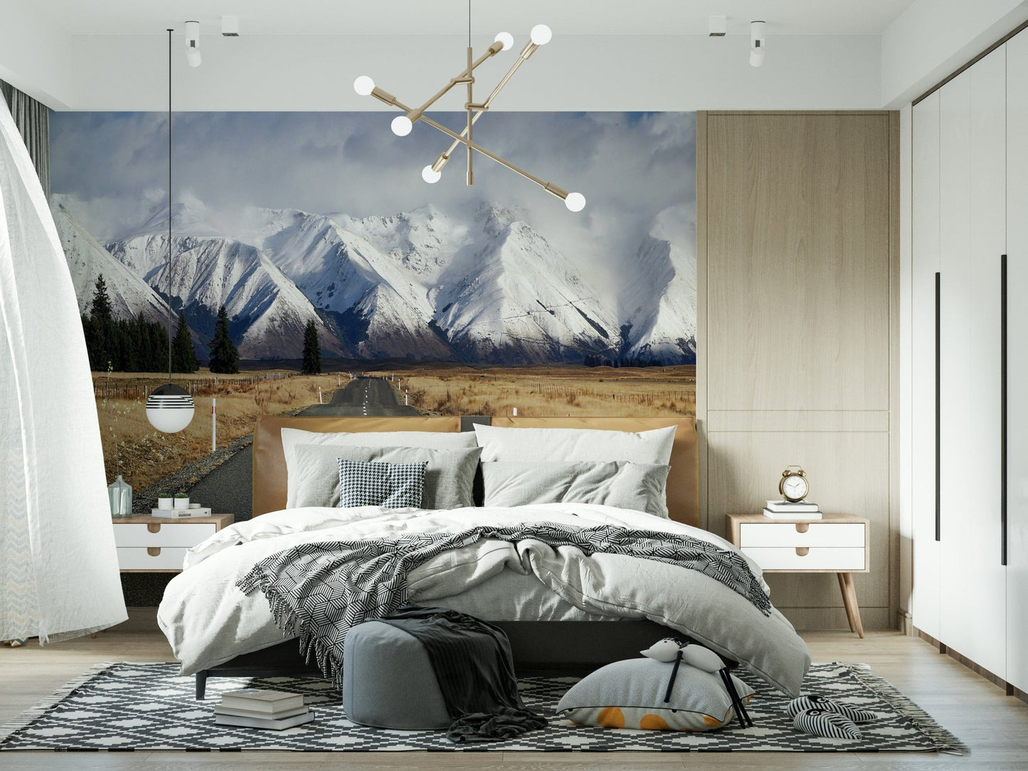 Winter road landscape wall mural for reading nook, snow-laden trees, calm winter palette