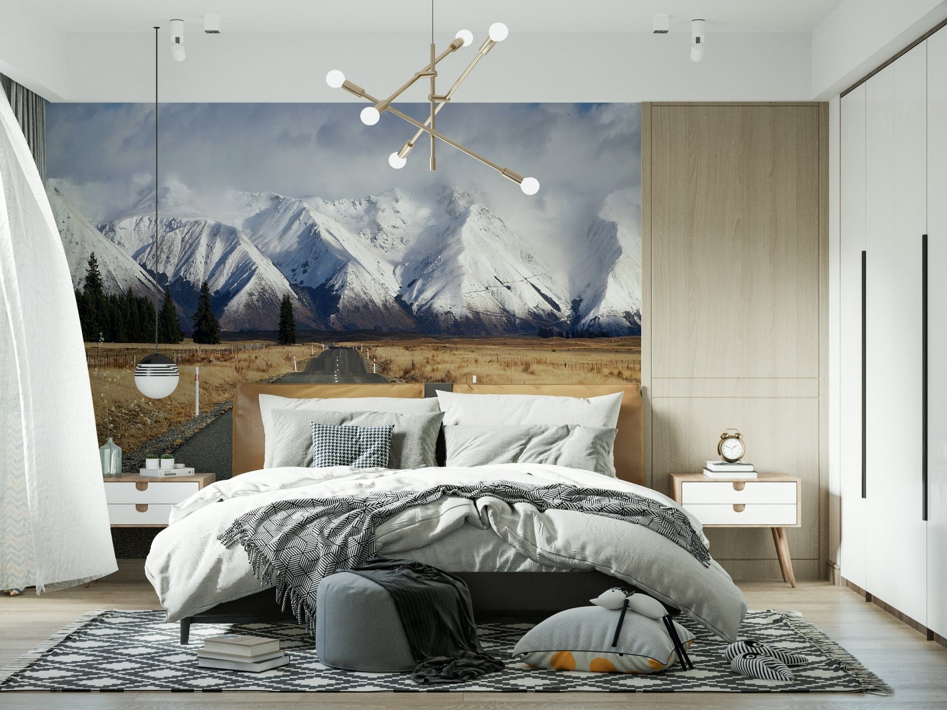 Winter road landscape wall mural for reading nook, snow-laden trees, calm winter palette