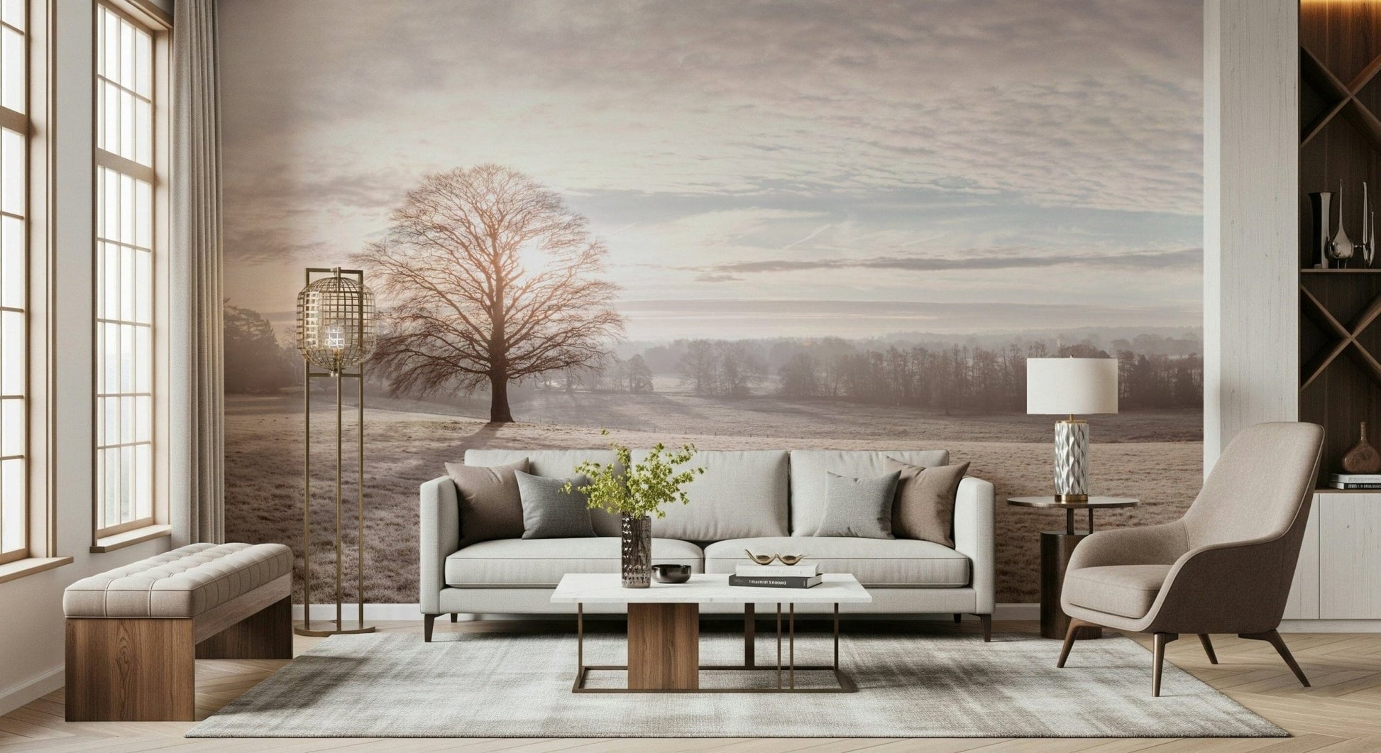 Bedroom headboard wall with frosty trees mural, soft light and modern look