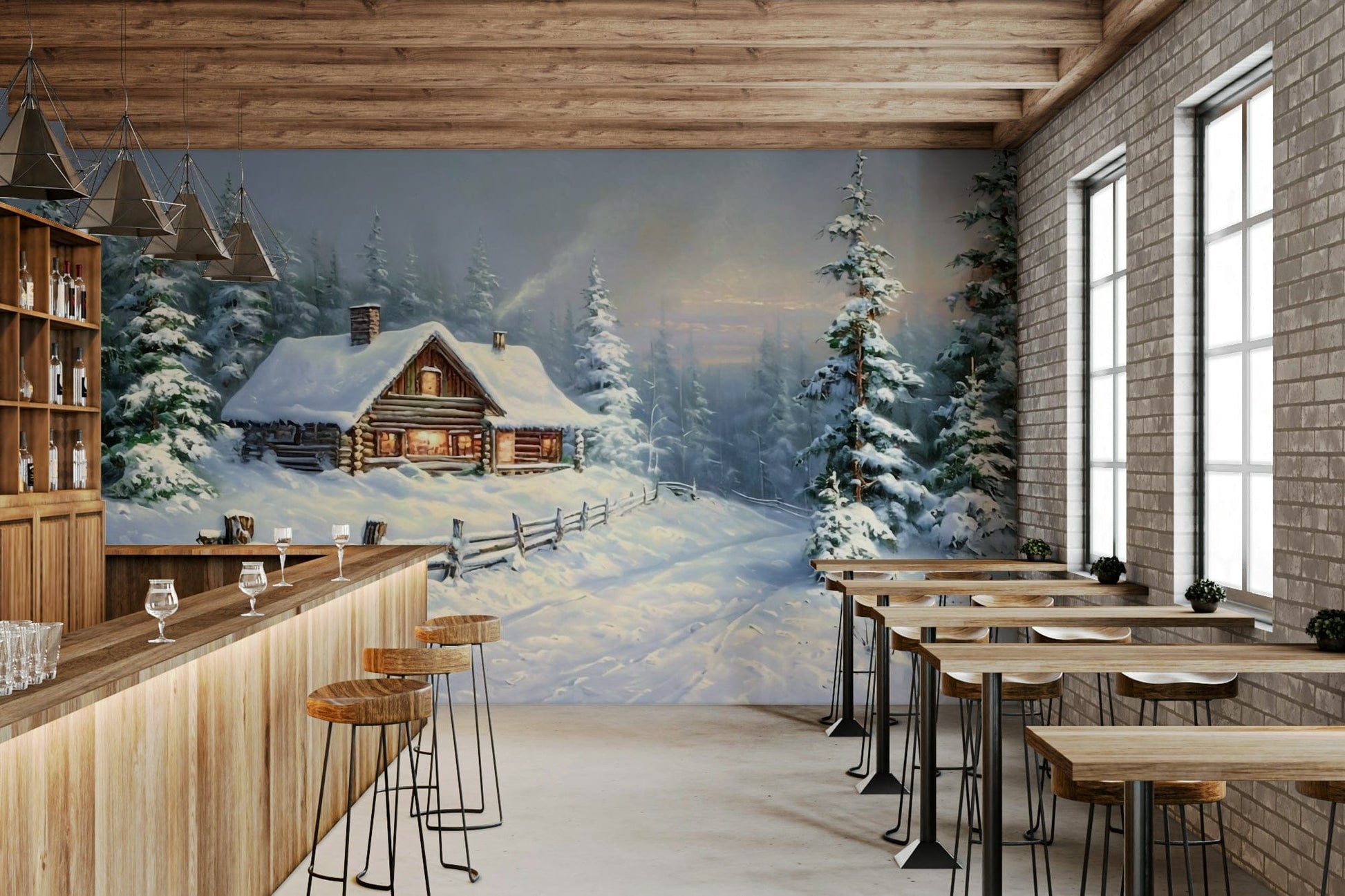 Tranquil snowy path wall art creating cozy modern atmosphere in living room
