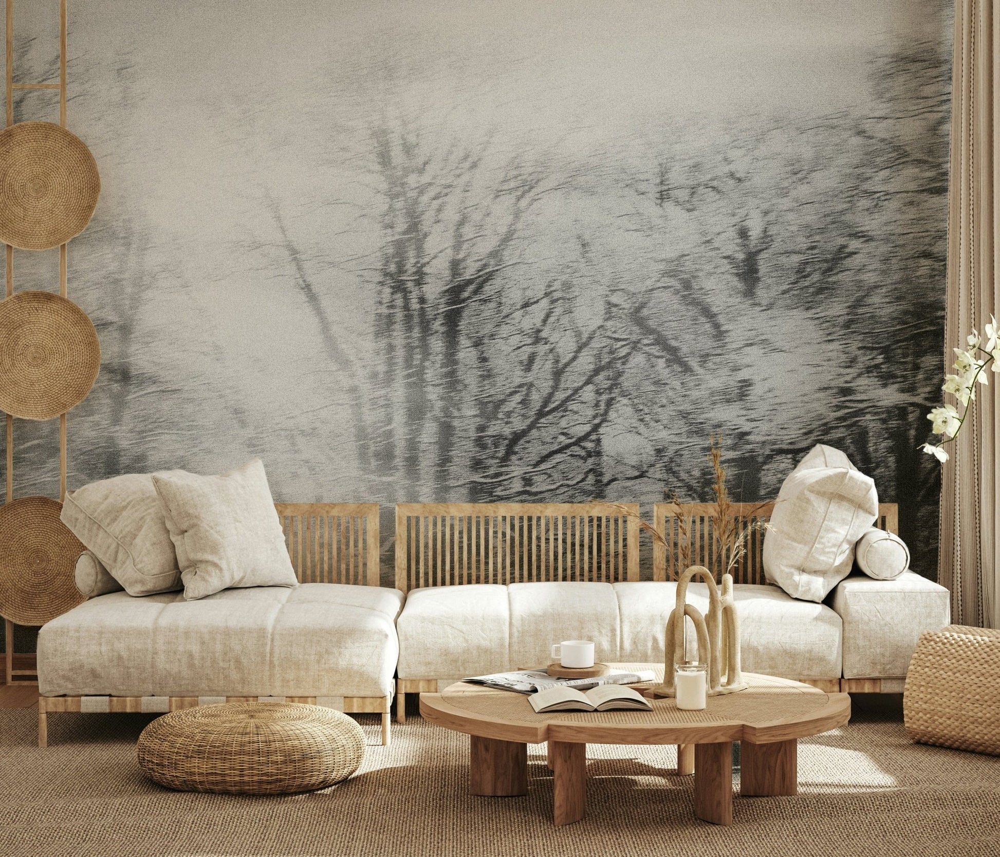 High resolution frosted forest graphics on a durable peel and stick mural