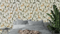 Artistic deer mural in beige and cocoa tones for a classic master bedroom feature wall.
