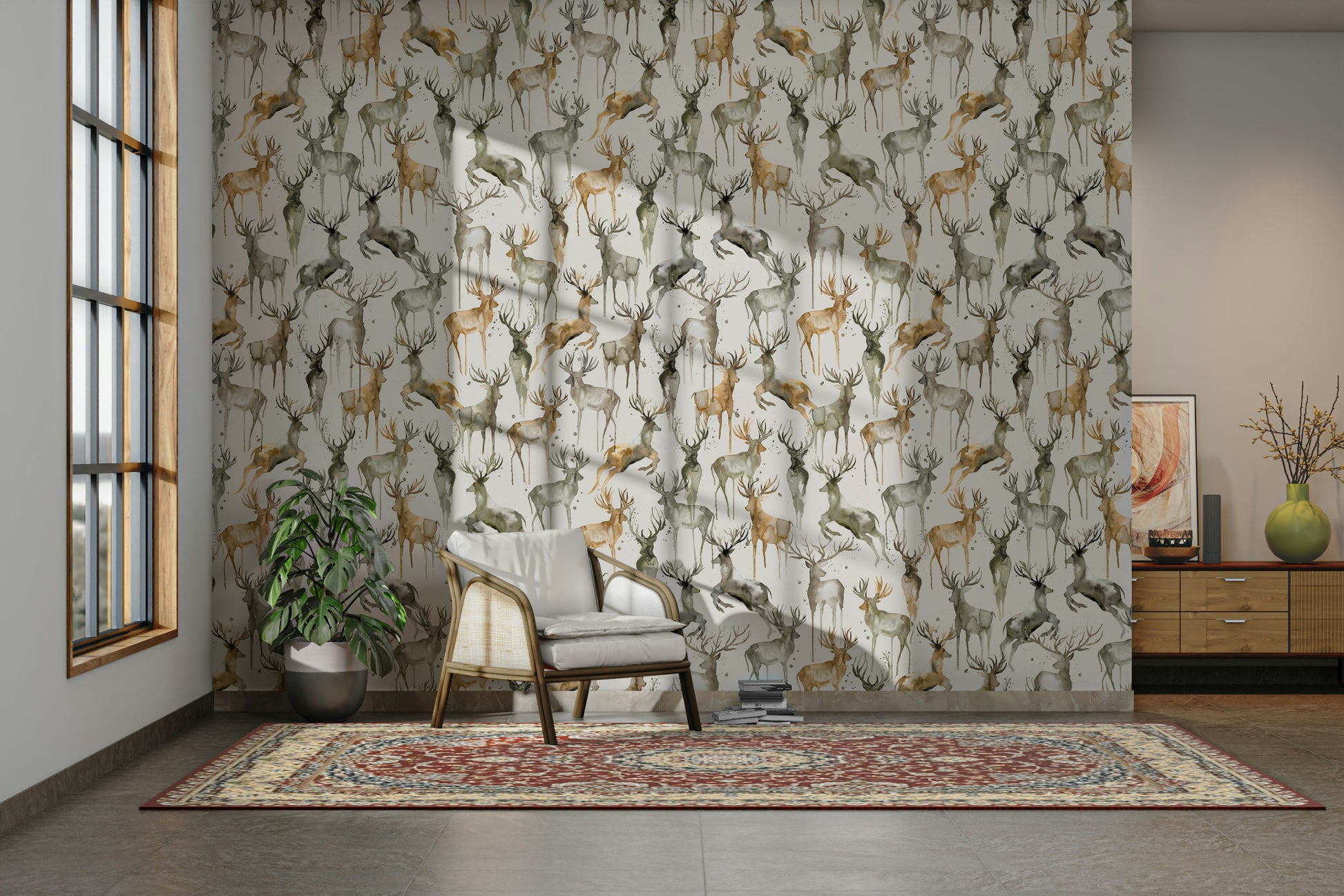 Wintery Artistic Deers Beige Brown Wallpaper used in a narrow hallway for a nature-inspired look.