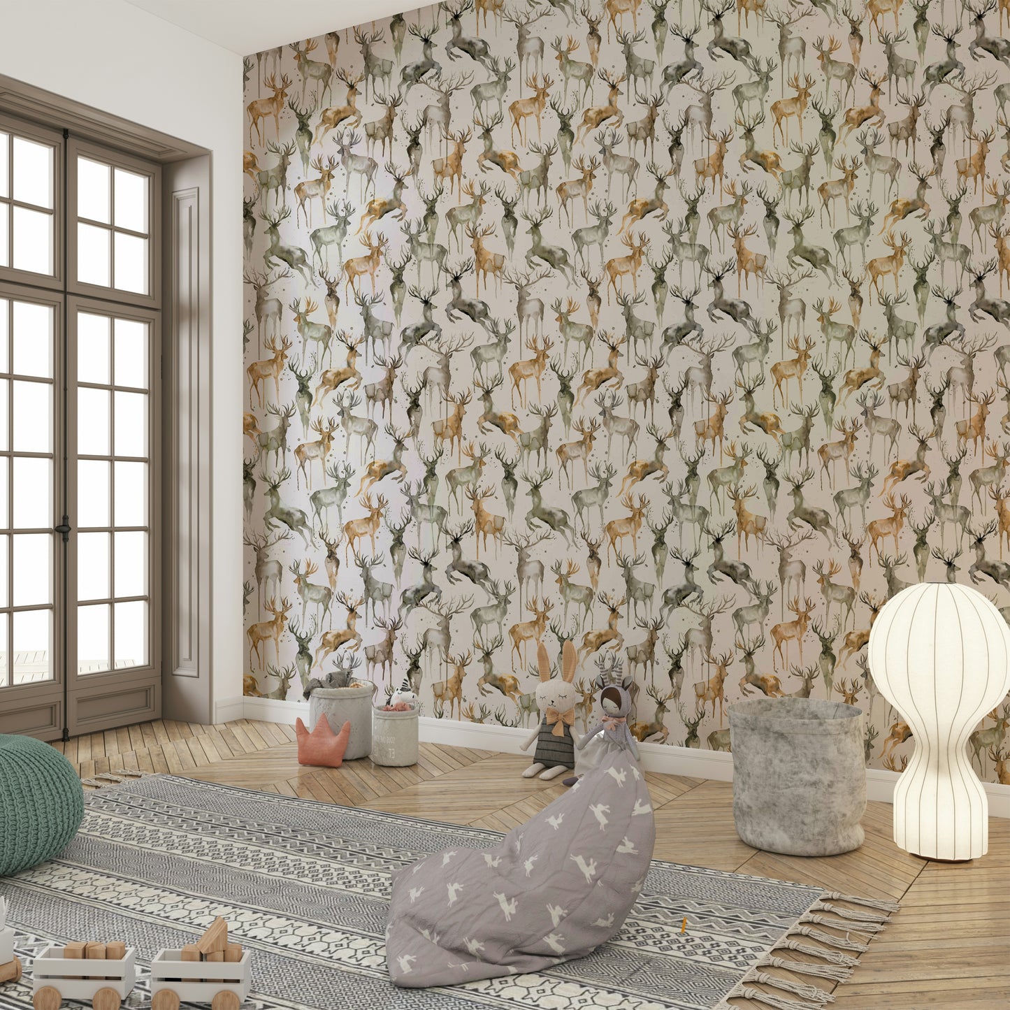 Subtle animal motif wallpaper in a light-filled morning room or conservatory.