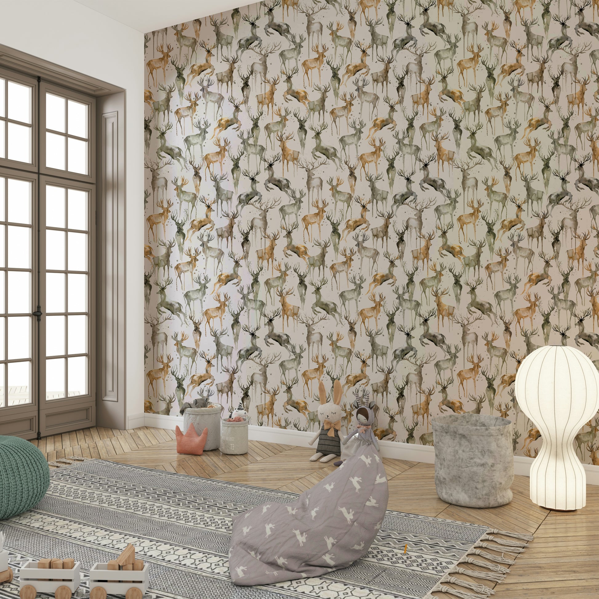 Subtle animal motif wallpaper in a light-filled morning room or conservatory.