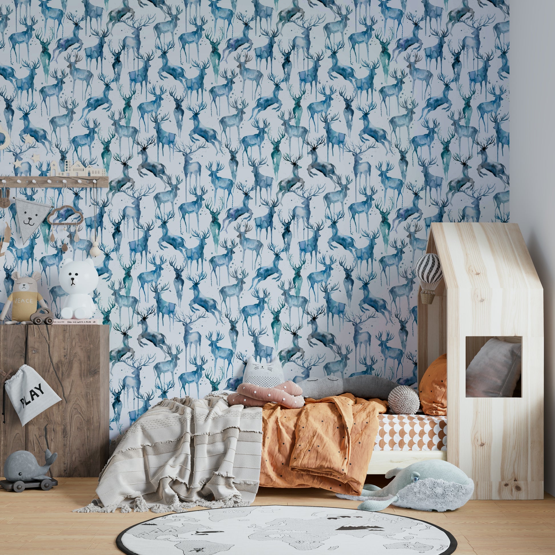 Wintery Artistic Deers Blue Wallpaper used as a focal point in a minimalist entryway.