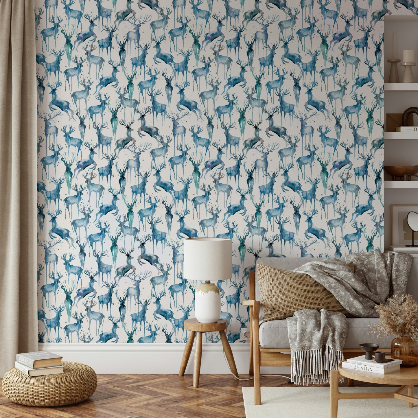Artistic forest scene wall mural featuring serene blue tones for a master bedroom.