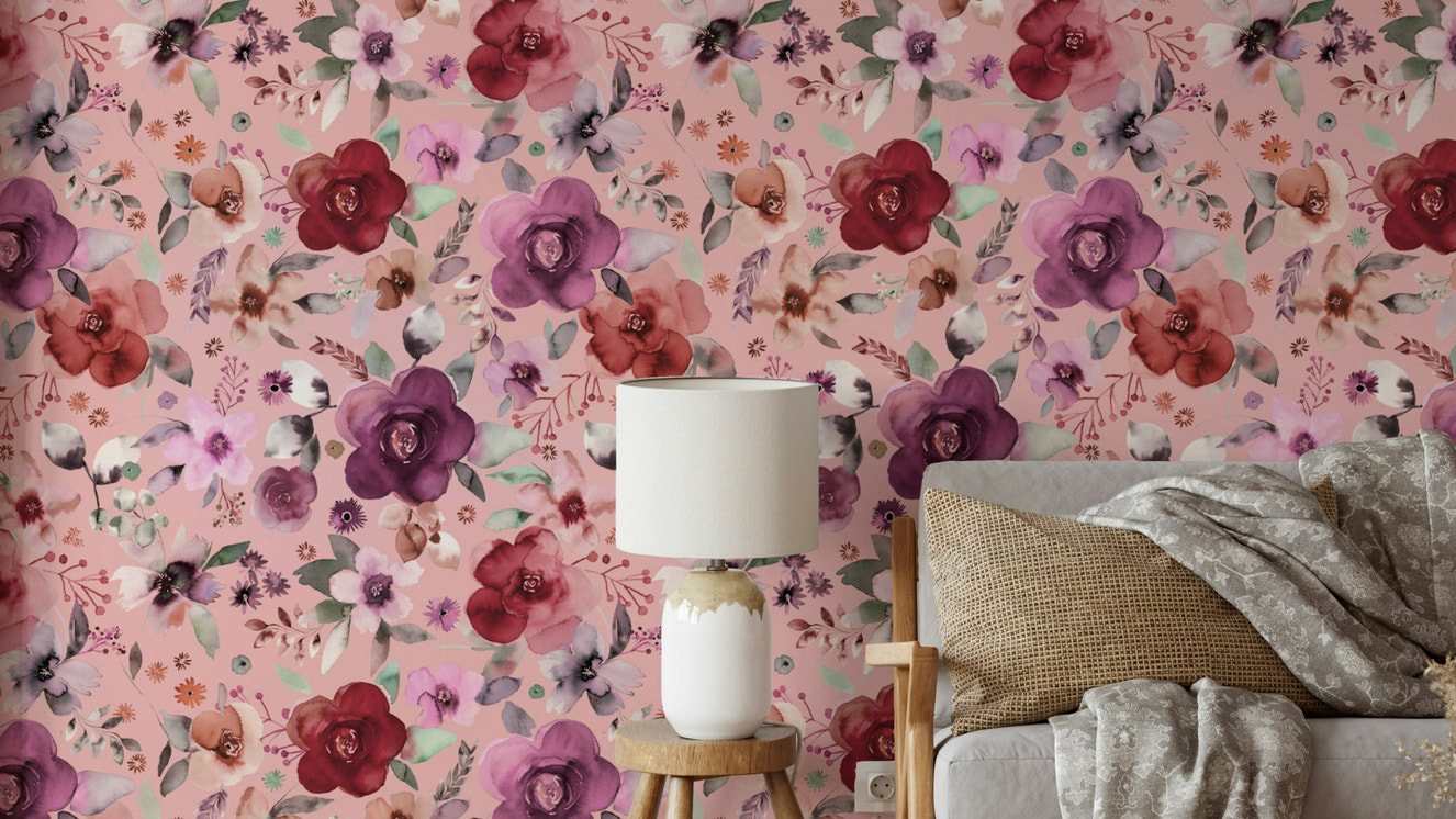 Wintery Bouquets Flowers Soft Pink Wallpaper in a modern apartment bedroom.