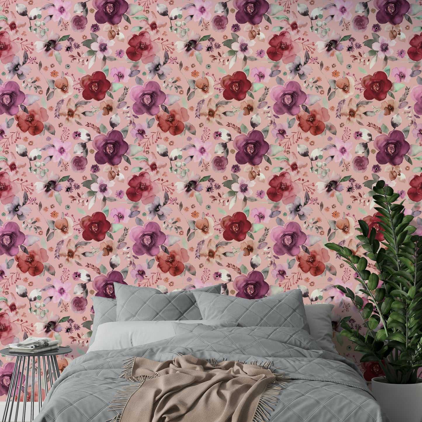Wintery Bouquets Flowers Soft Pink Wallpaper used on a home office feature wall.