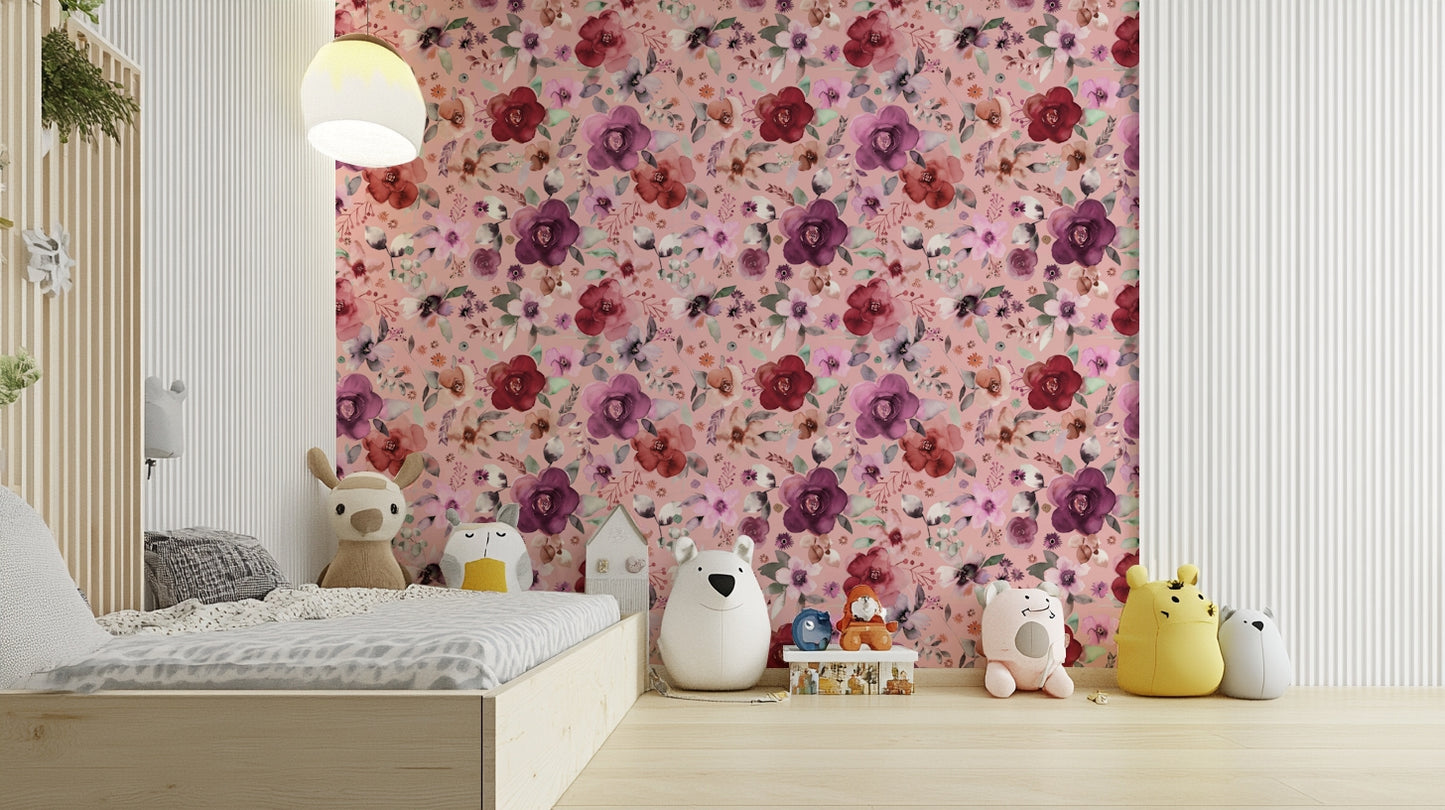 Delicate pink flower bouquet wall decor for a minimalist nursery space.
