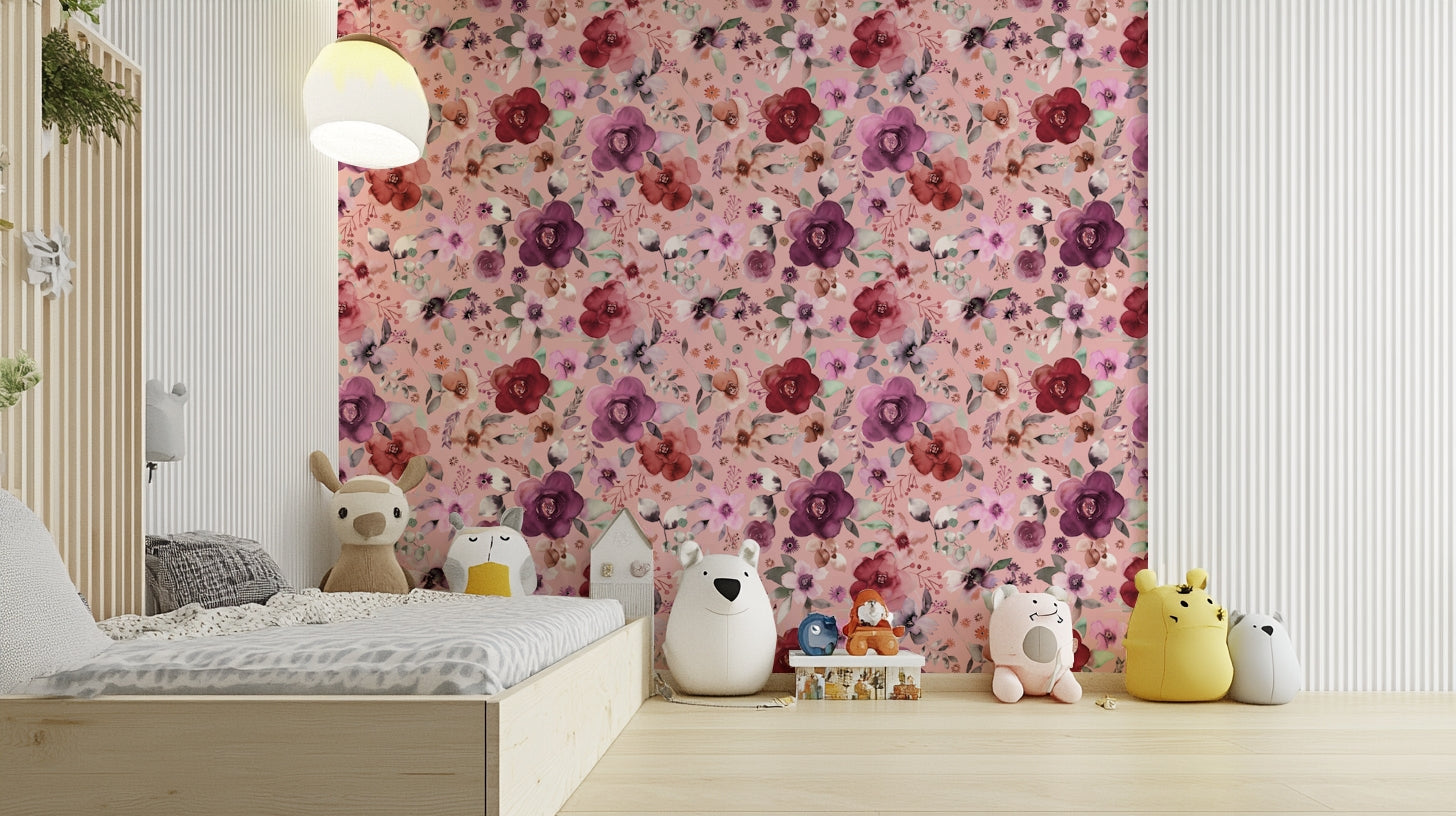 Delicate pink flower bouquet wall decor for a minimalist nursery space.