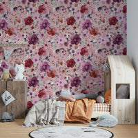 Modern floral pattern wallpaper with light pink tones for a vanity area.