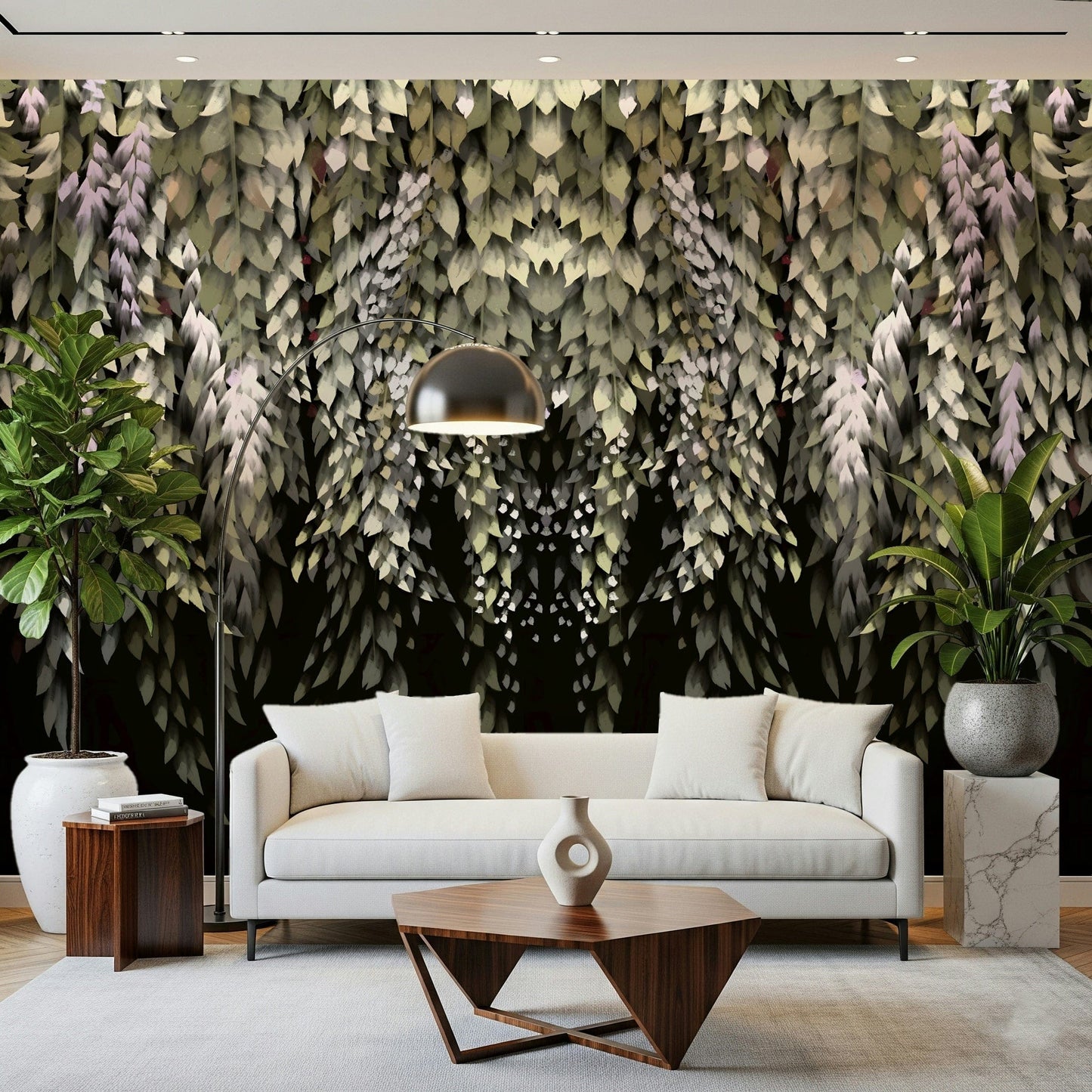 Moody floral mural with layered wisteria leaves and soft lilac