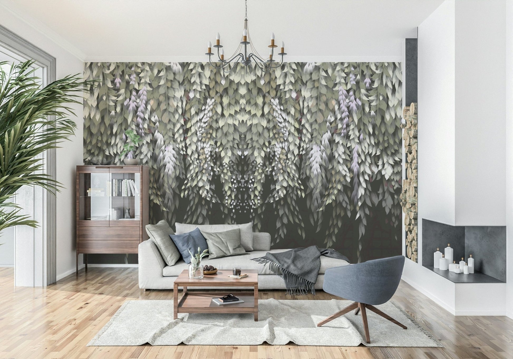 Dramatic wisteria mural with cascading greenery on dark backdrop