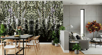 Dark botanical mural with cascading leaves and wisteria blooms