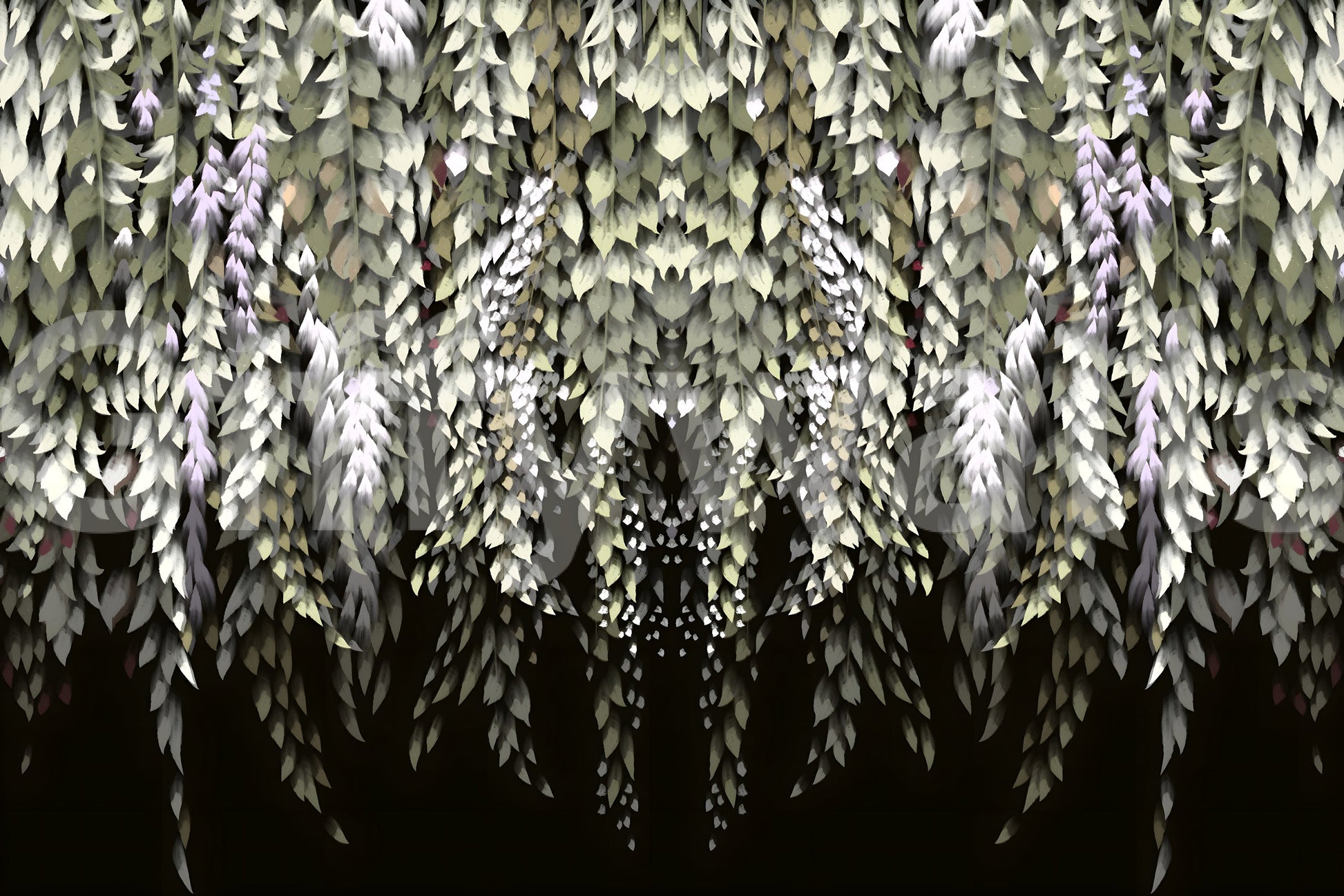 Watercolor-style wisteria cascade mural with layered leaves