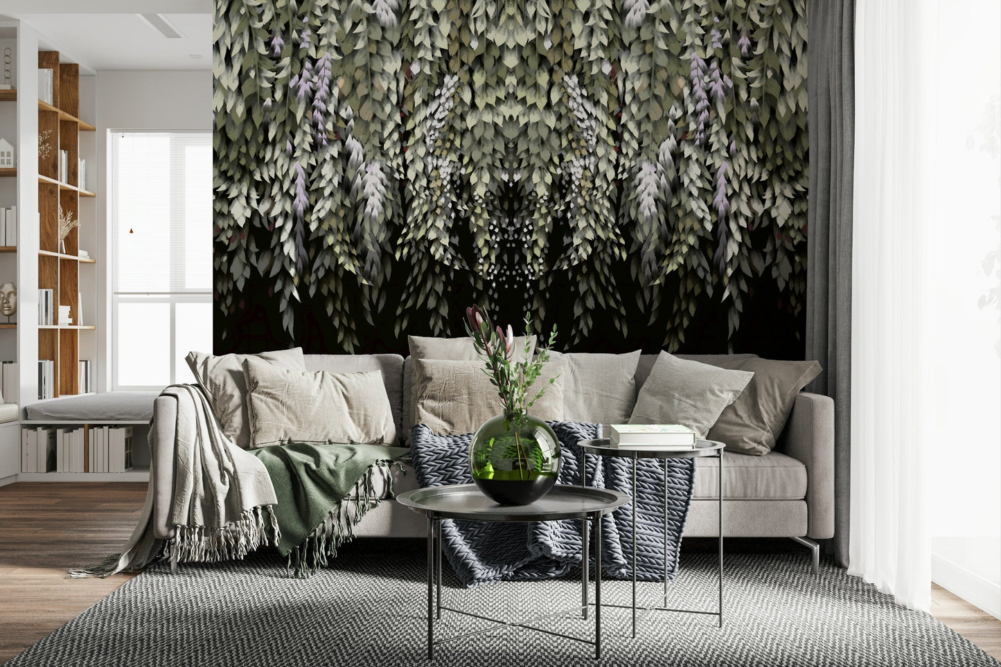 Statement wisteria wall mural with soft green and lavender tones