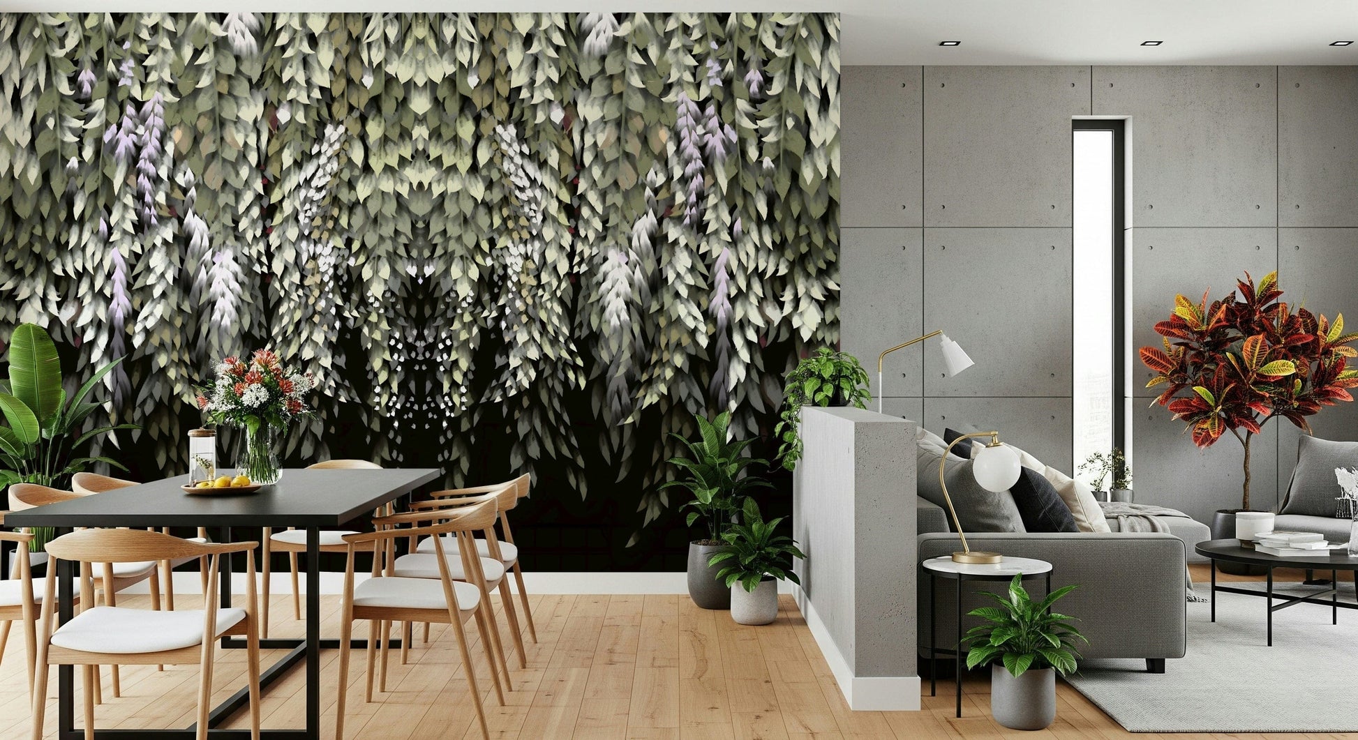 Dark botanical mural with cascading leaves and wisteria blooms