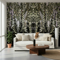 Nature-inspired wall mural with drooping wisteria clusters