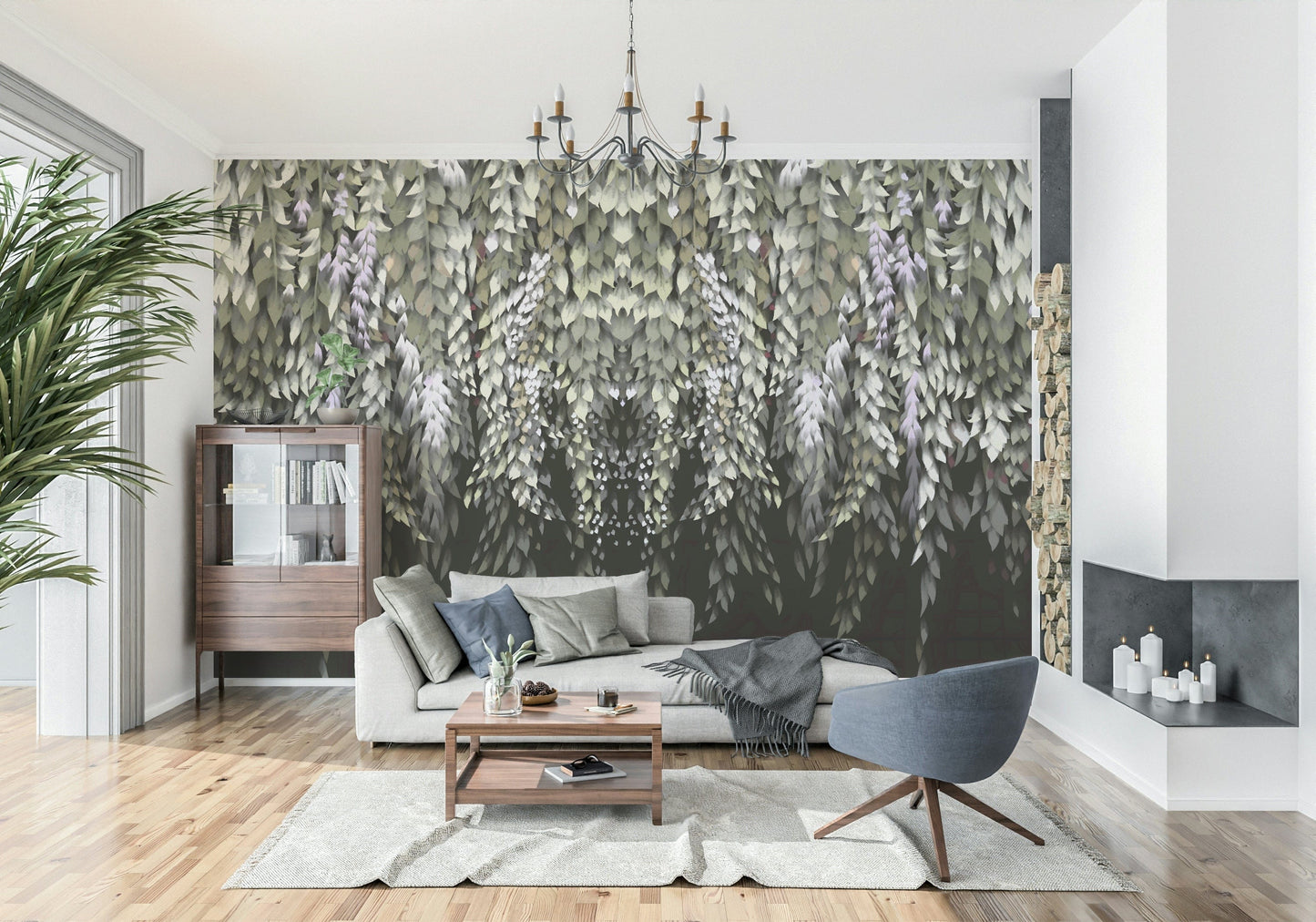 Dramatic wisteria mural with cascading greenery on dark backdrop