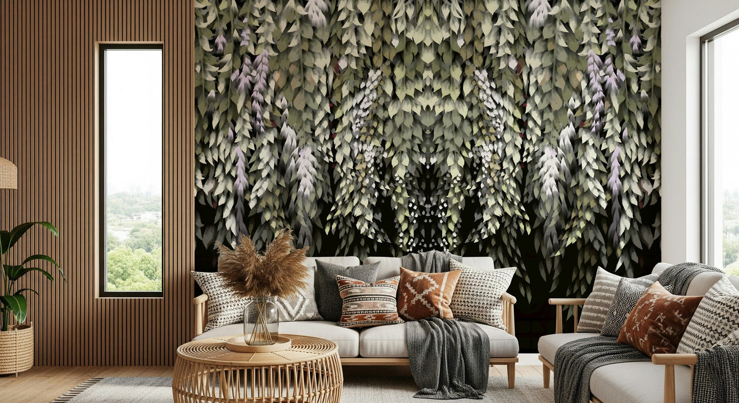 Wisteria cascade wall mural with hanging leafy blooms