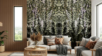 Wisteria cascade wall mural with hanging leafy blooms