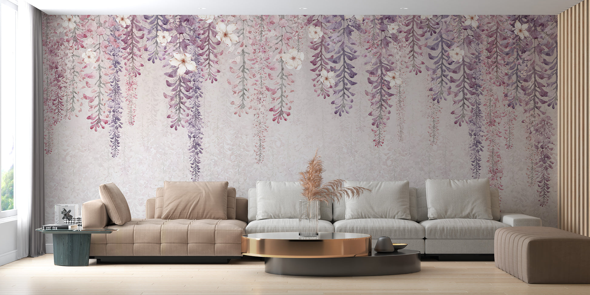 Wisteria Watercolor wallpaper mural in purple and pink behind a beige and grey sectional sofa