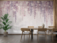 Wisteria Watercolor wallpaper mural of hanging blooms behind a wood dining table in a dining room