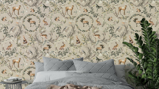 Woodland Animals Deer Fox Squirrels Wallpaper in a stylish flat with neutral tones.