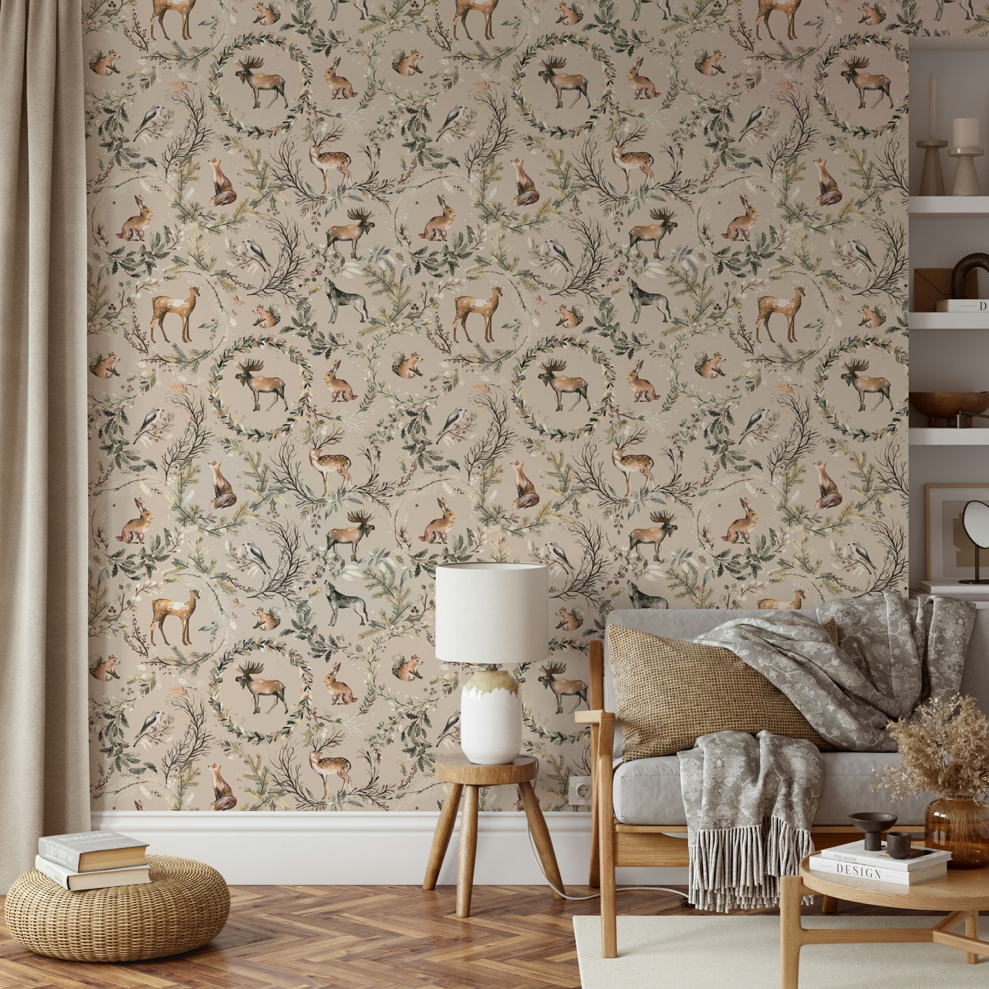 Soft woodland animal wall mural for a contemporary flat interior.
