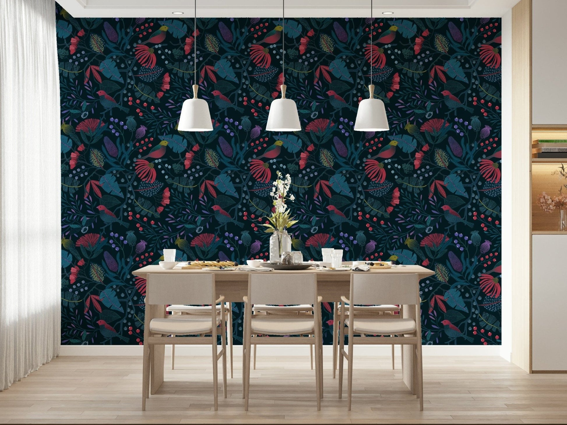 Wonderforest wallpaper with navy floral pattern behind a light wood dining table and pendant lights