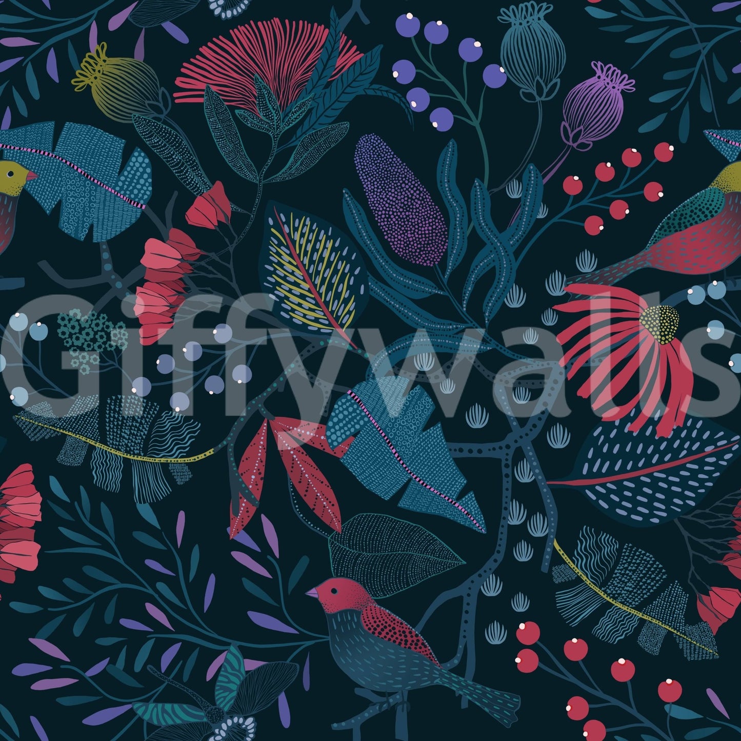 Wonderforest wallpaper close-up showing crimson flowers, teal leaves, purple berries and small birds on navy